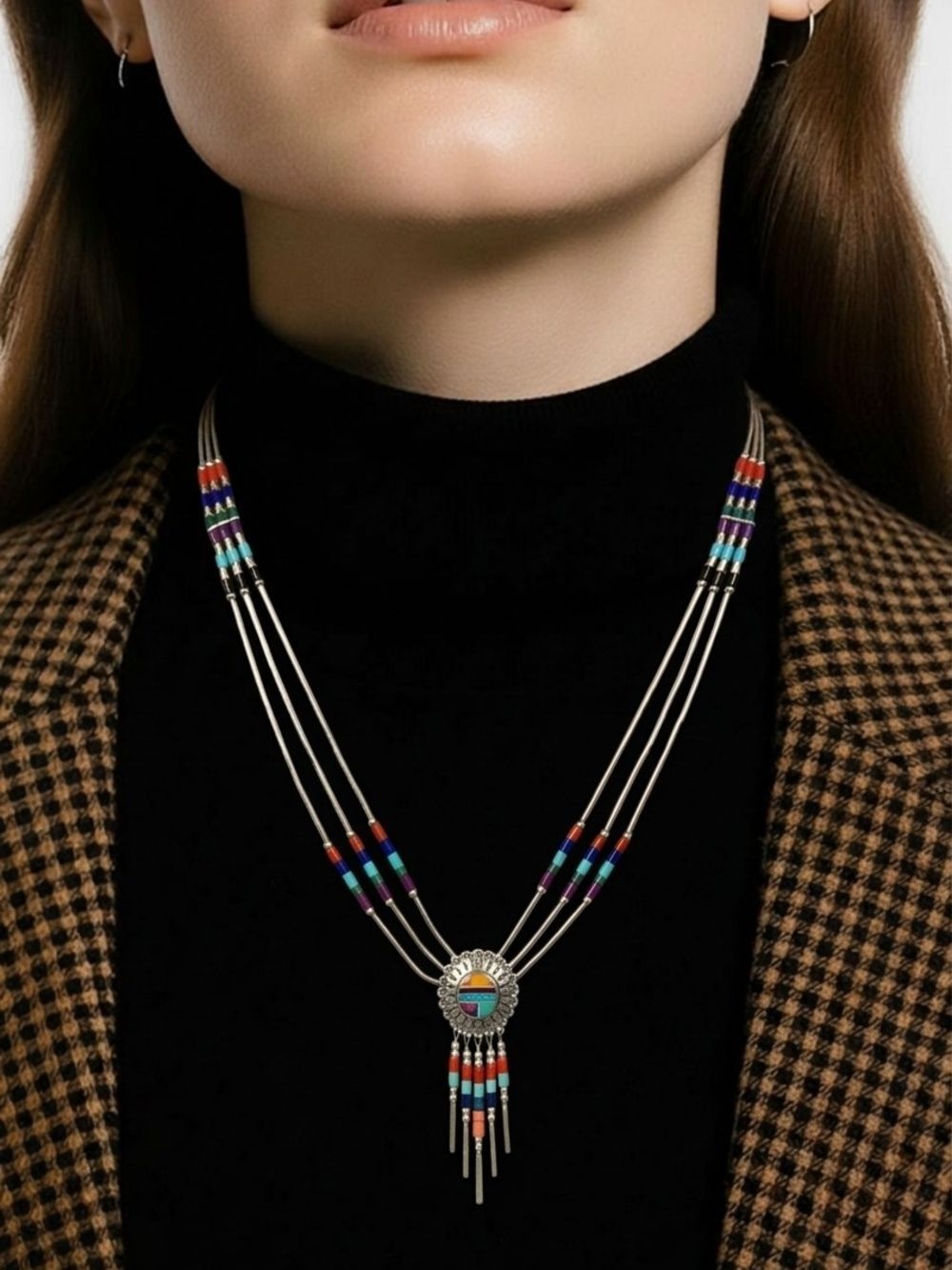 Vintage Sterling Silver Multi Strand Multicolor Seed Bead Necklace Sun 22in